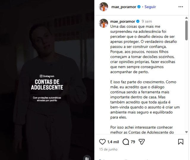 Publicação do perfil Mãe Por Amor no Instagram sobre a ferramenta Contas de Adolescente da Meta