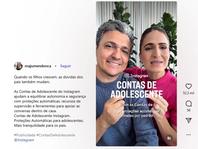 Publicação de Maju Mendonça no Instagram sobre a ferramenta Contas de Adolescente da Meta