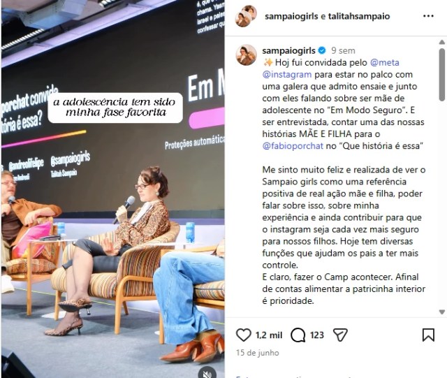 Publicação de Talitah Sampaio no Instagram sobre o evento da campanha “Em Modo Seguro”, promovido pela Meta, ao lado do apresentador Fábio Porchat